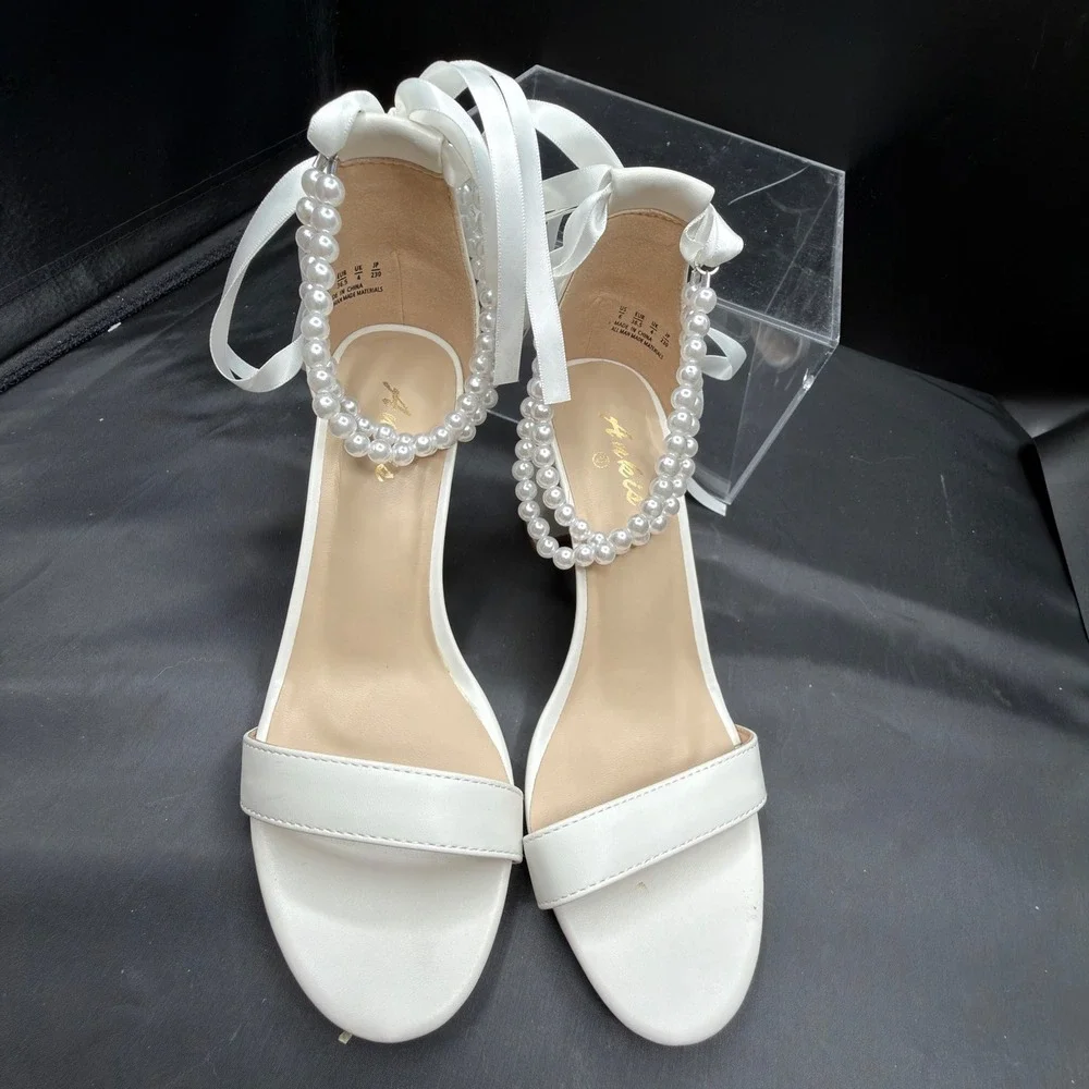 Aris White Pearl Ribbon Tie Block Heel Sandals Faux Leather Wedding Shoes 6